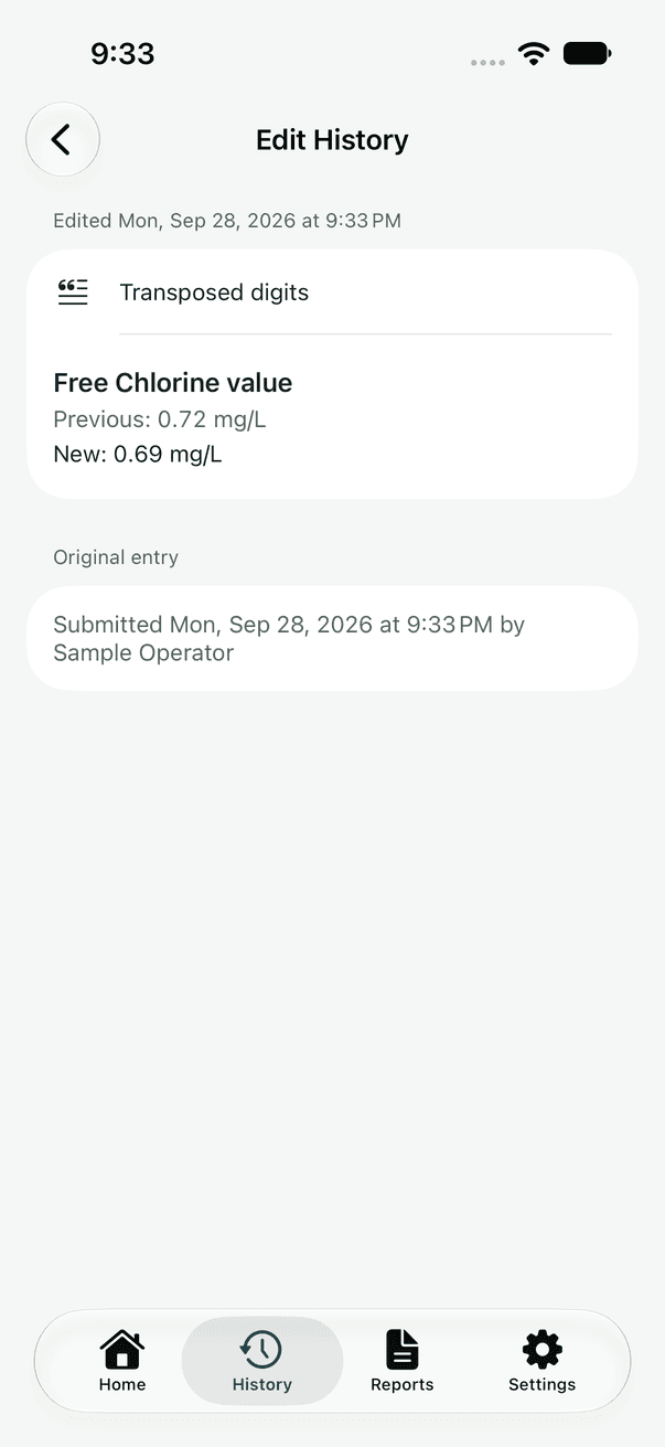 Edit history showing a free chlorine value corrected from 0.72 to 0.69 mg/L with the reason 'Transposed digits'