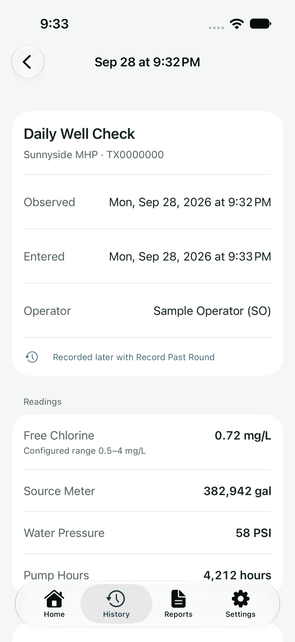 Round detail showing observed and entered times, the operator, and readings for free chlorine, source meter, water pressure and pump hours
