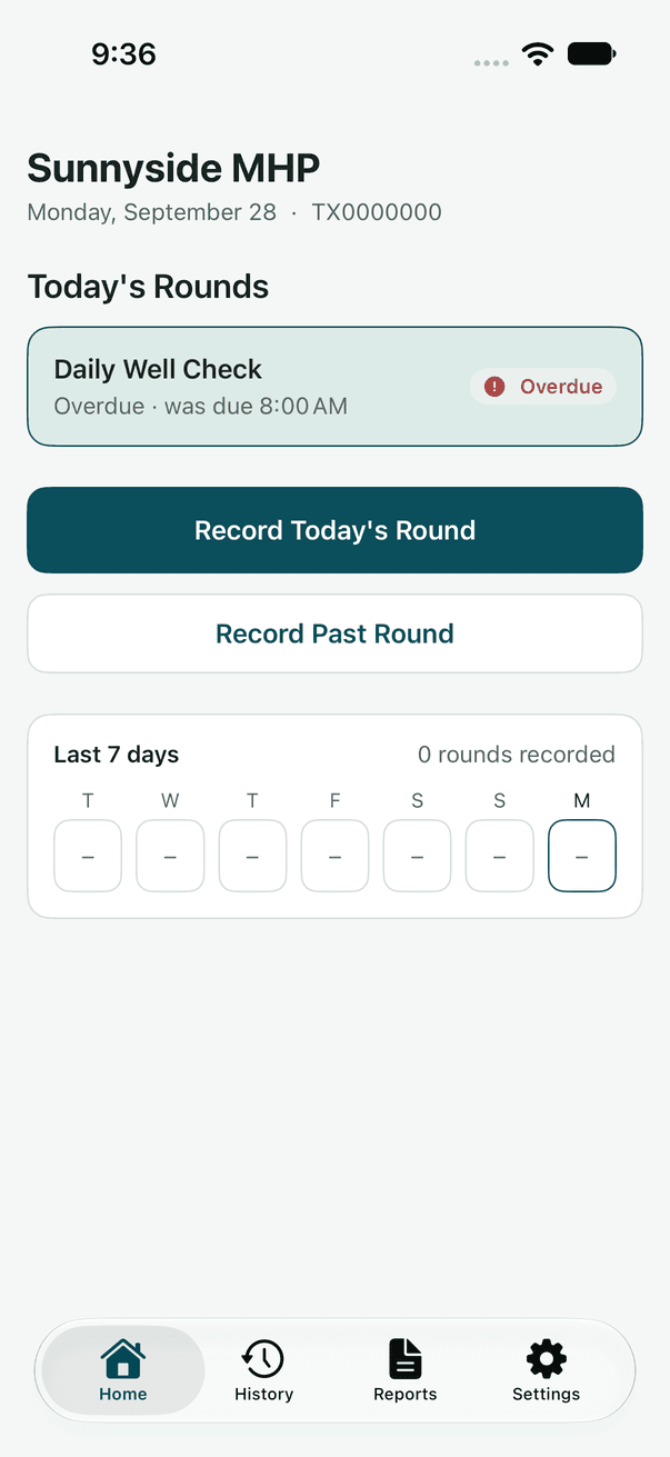 Home screen for Sunnyside MHP showing the Daily Well Check as overdue, with buttons to record today's round or a past round
