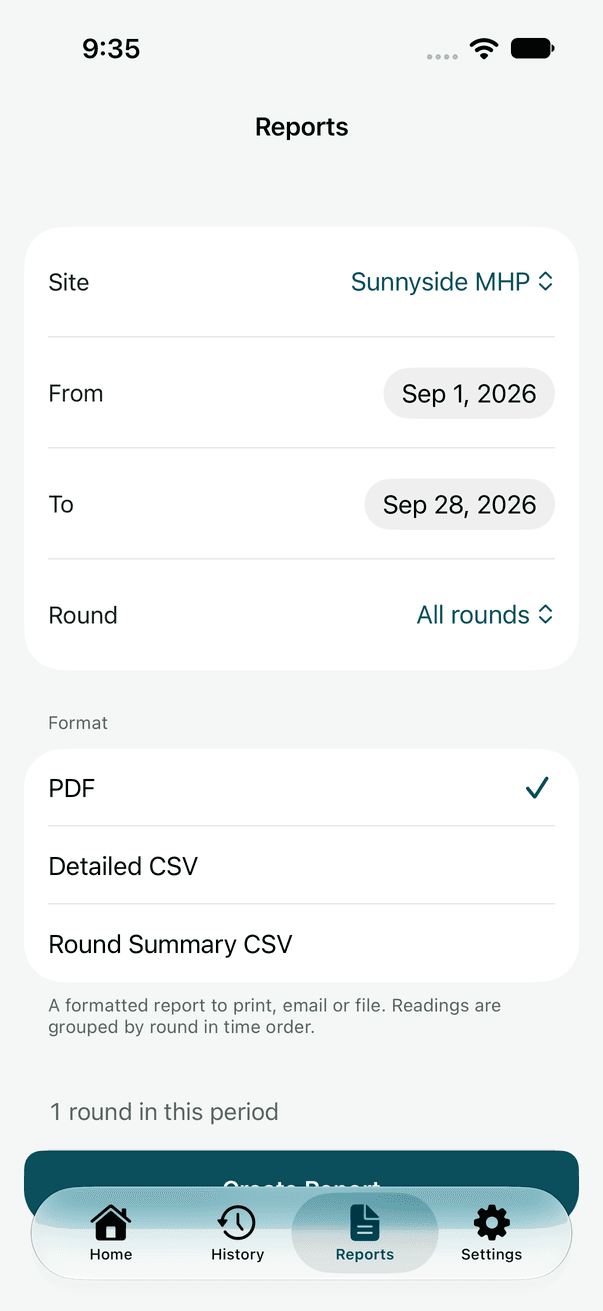 Reports screen with site, date range and round filters and PDF, detailed CSV and round summary CSV formats